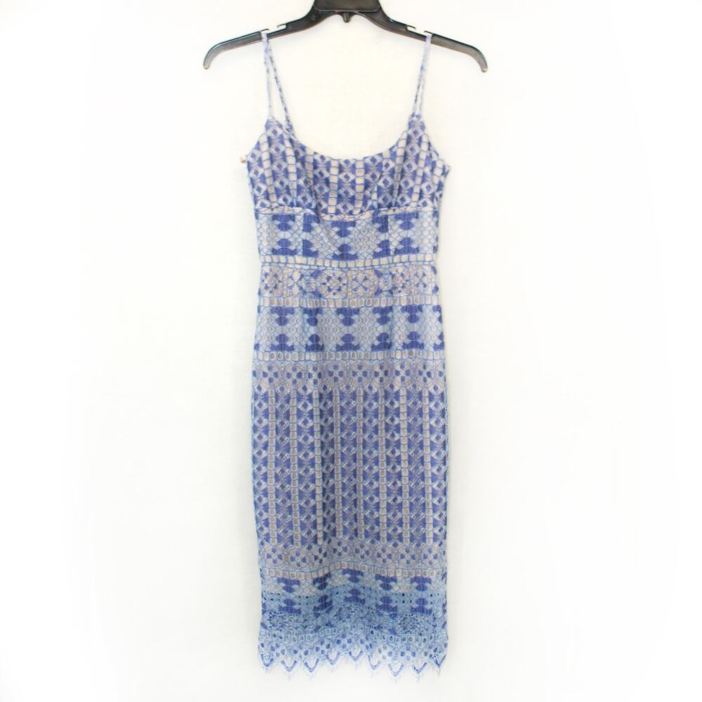 BCBG Max Azria Blue Lace Lined Y2K Boat Neck Cocktail Dress Straps Zip Small